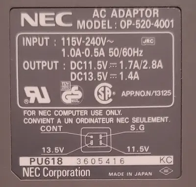 NEC Laptop AC Adapter OP, 11.5V 1.7A/2.8A or 13.5V 1.4A photo 3