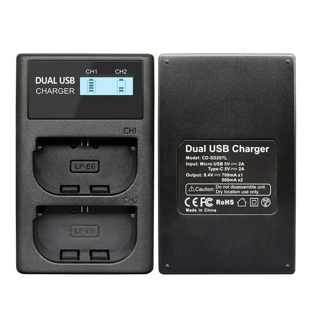 Dual USB LCD Charger for Canon LP-E6 Batteries