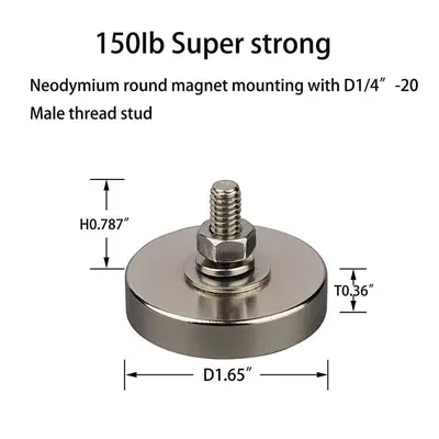 2 Strong Neodymium Round Magnets with 1/4"-20 Threaded Stud photo 2