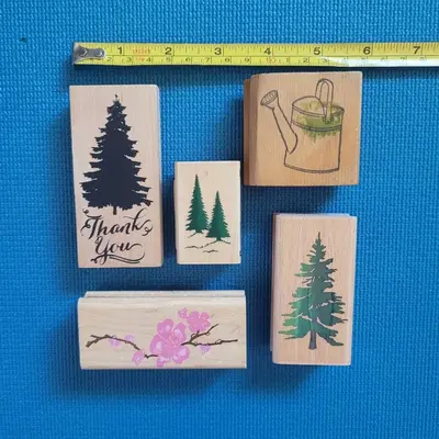 Stamp Set: Christmas Trees, Sakura Branch and Watering Can, 5 Pieces
