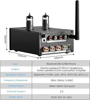 AIYIMA T5 320W Tube Phono and Turntable Amplifier, Bluetooth 5.0 photo 5