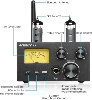AIYIMA T5 320W Tube Phono and Turntable Amplifier, Bluetooth 5.0 photo 4