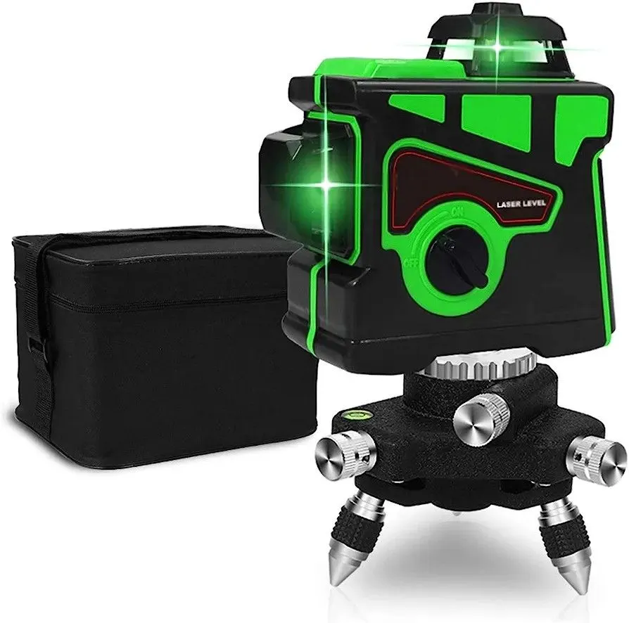 12-Line 3D Green/Blue Laser Level with Base, 360 Rotation, Self-Leveling