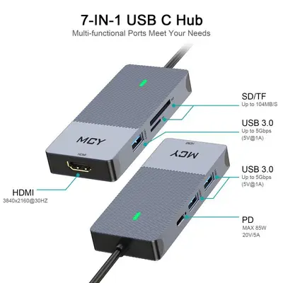MCY 7-in-1 USB-C Hub: 4K HDMI, 3 USB 3.0, Card Reader photo 3