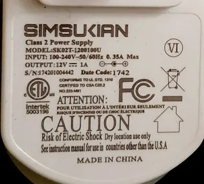Simsukian SK02T-1200100U 12V 1A AC/DC Adapter photo 2