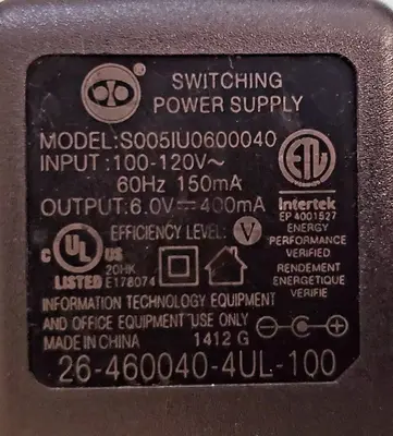 Original S005IU0600040 6V 400mA Adapter, 4.0/1.7mm Connector photo 2