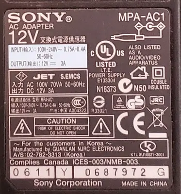 Original Sony 12V 3A AC Power Adapter and Cord for BRC-Z330 / MPA-AC1 photo 2