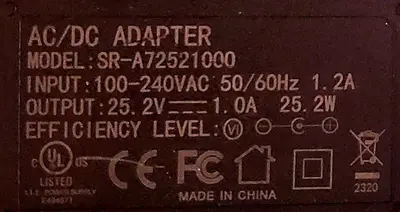 SR-A0 25.2V 1A AC/DC Adapter photo 2
