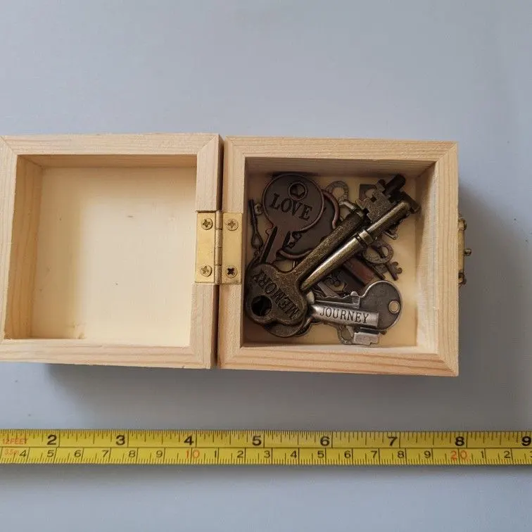 Small Wooden Storage Box with 15 Decorative Keys