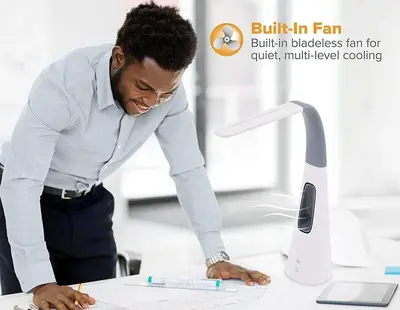 LED Desk Lamp with Bladeless Fan, Dimmable, Two USB Charging Ports photo 6
