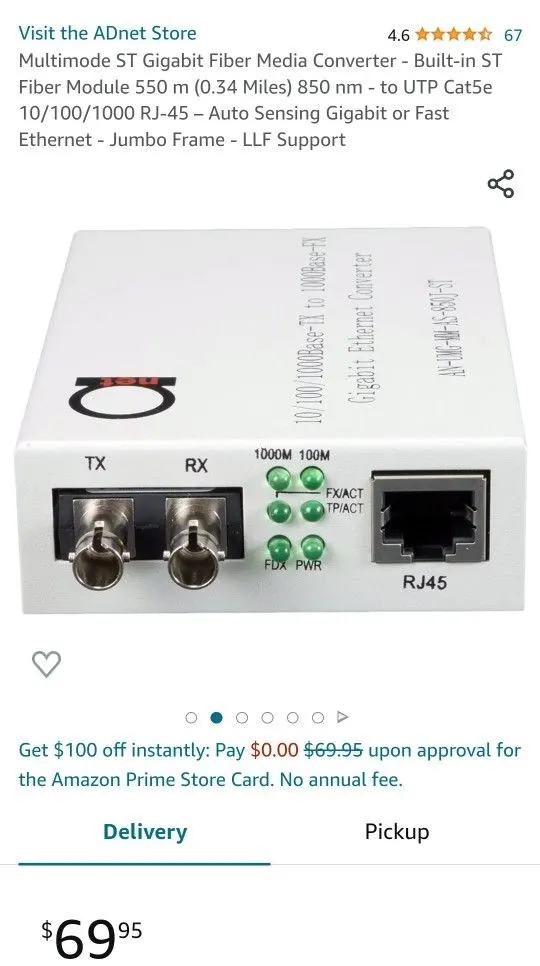 Multimode ST Gigabit Fiber Media Converter, 550 m