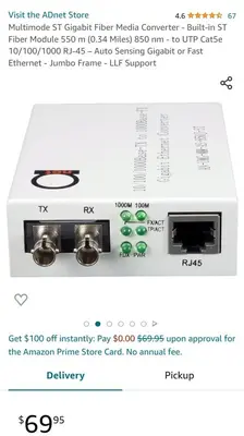 Multimode ST Gigabit Fiber Media Converter, 550 m