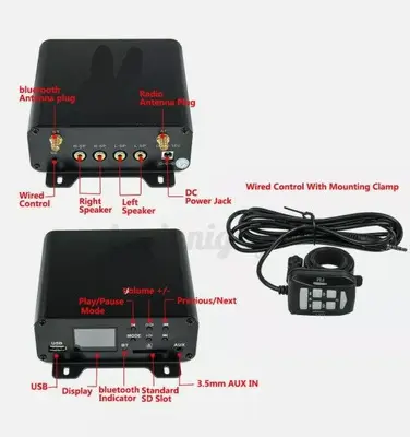 Wired Control with Mounting Clamp for 1000W Bluetooth Motorcycle Stereo photo 2