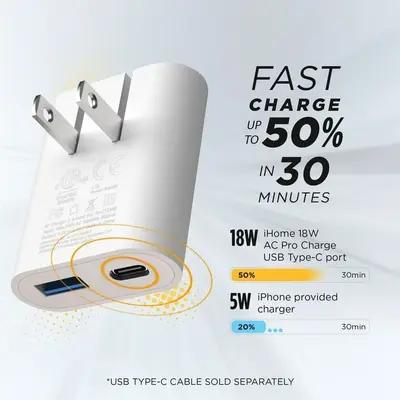 iHome 20W USB-C and USB-A Dual-Port Wall Charger, Folding Prongs photo 2