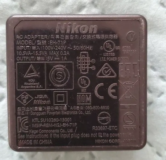 Original Nikon EH-71P AC Power Adapter, 5V 1A