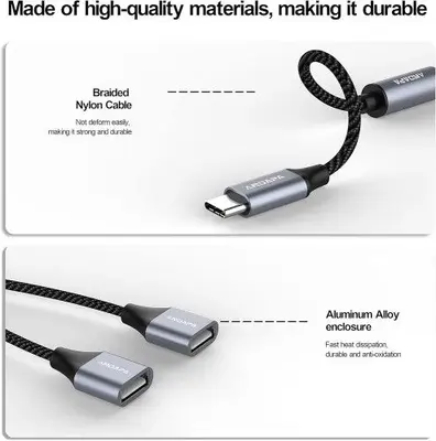 ANDAPA USB-C Male to Dual USB-A Female Adapter, 1 ft photo 2