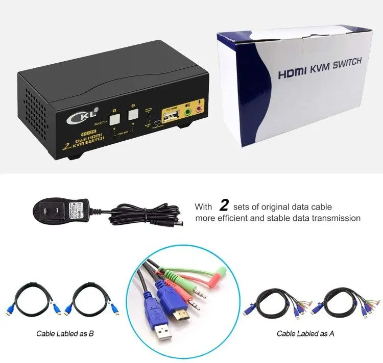 CKL CKL-922HUA 2-Port HDMI KVM Switch, Dual Monitor, 4K 30Hz