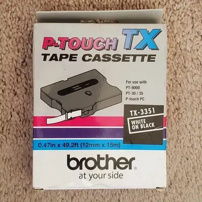 Brother TX-3351 12mm White on Black P-touch Tape