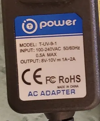 T-Power UV9-1 Portable AC Adapter, 8-10V 1-2A, 5.5 x 2.5 mm photo 2