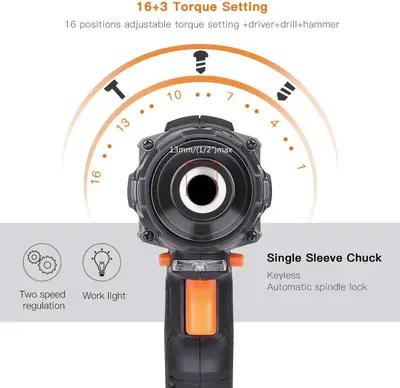 TACKLIFE 20V Max Cordless Drill, 310 in-lb, 16+3 Positions (No Battery) photo 4