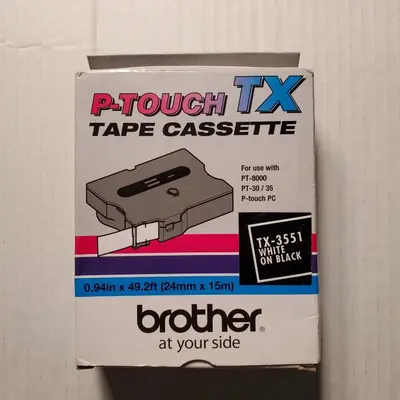Brother TX-3551 24mm White on Black P-touch Tape